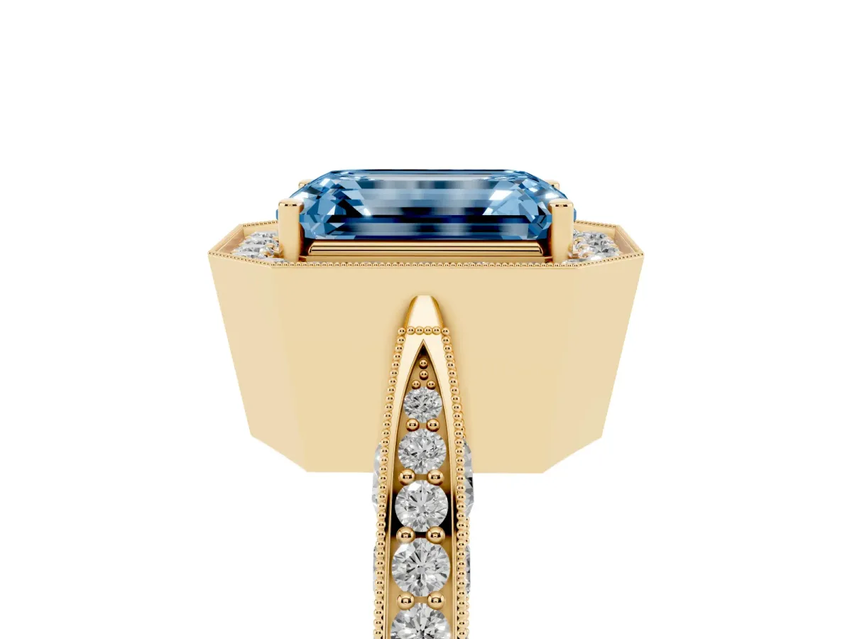 Fancy Blue Emerald Cut Halo Diamond Engagement Ring with Split Shank Band and Four-Prong Setting Yellow gold