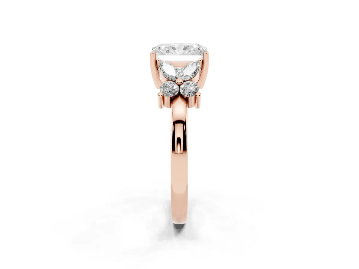 Radiant Cut Diamond Floral Cluster Ring with Solitaire Band and Prong Setting Rose gold