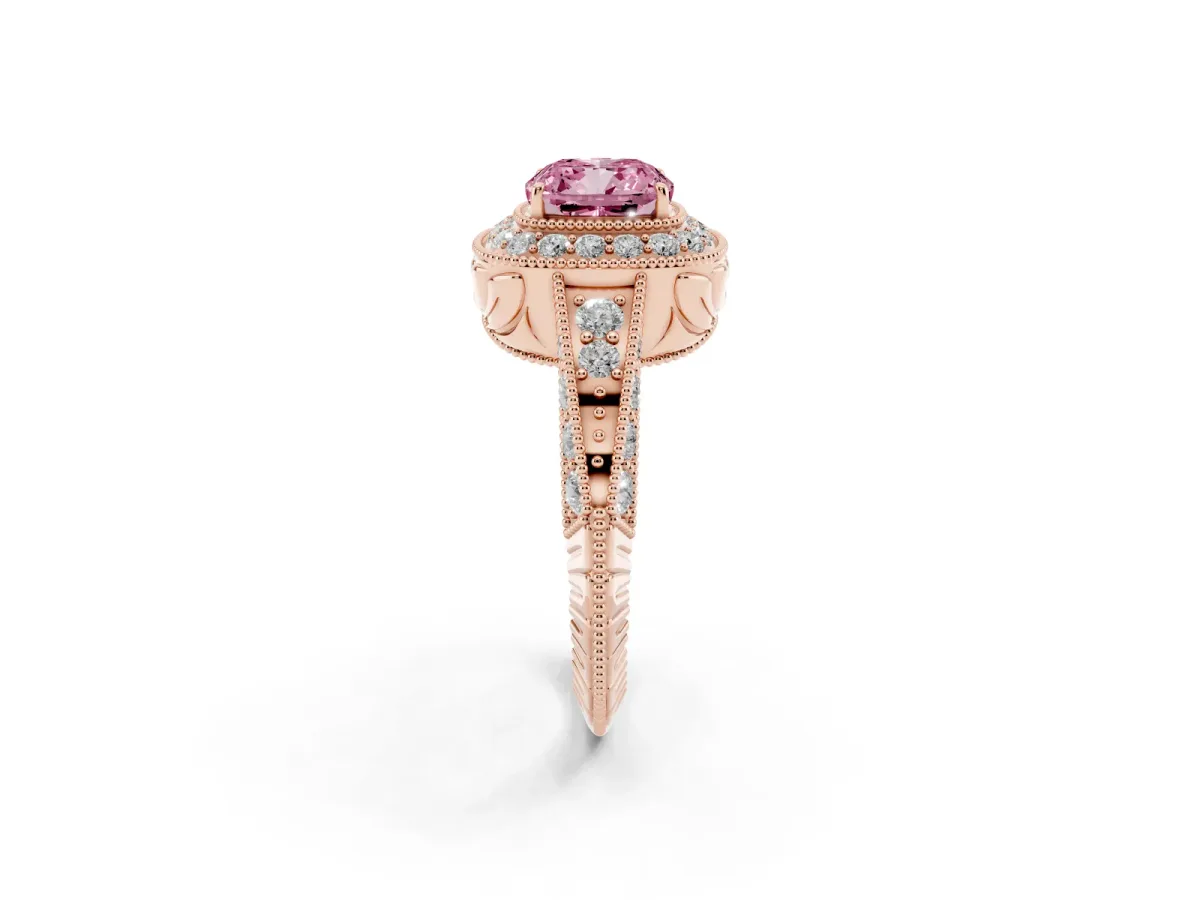 Fancy Pink Cushion Cut Halo Diamond Split Shank Ring with Milgrain Detail Rose gold
