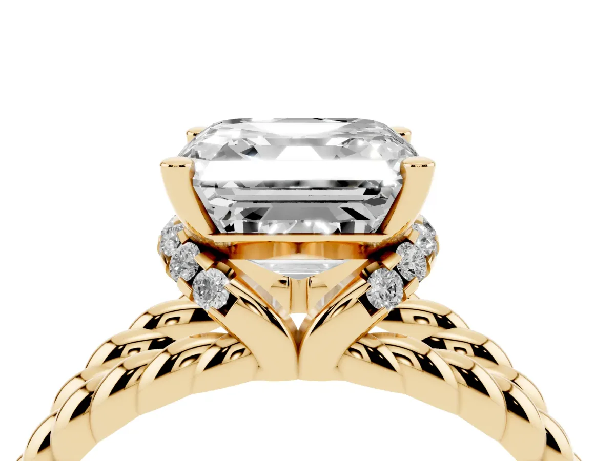 Asscher Cut Halo Twisted Band Four-Prong Ring Yellow gold