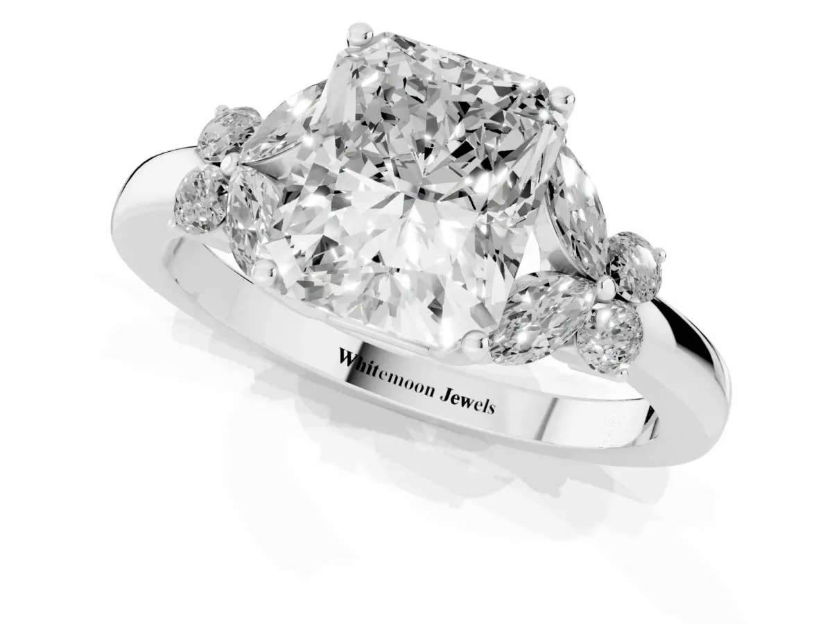 Radiant Cut Cut Solitaire Floral Diamond Ring with Four-Prong Setting Silver