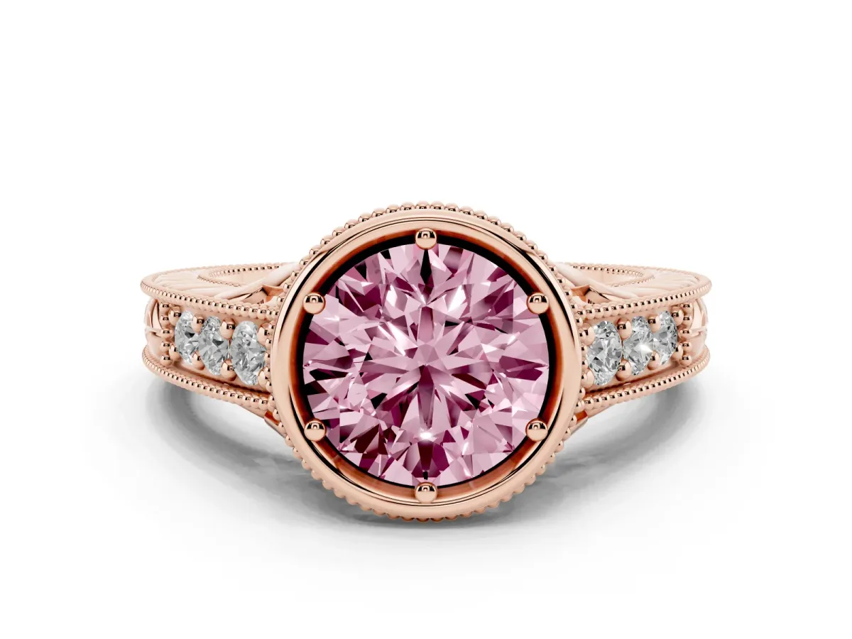 Fancy Pink Bezel Set Round Cut Diamond Milgrain Pave Engagement Ring Rose gold