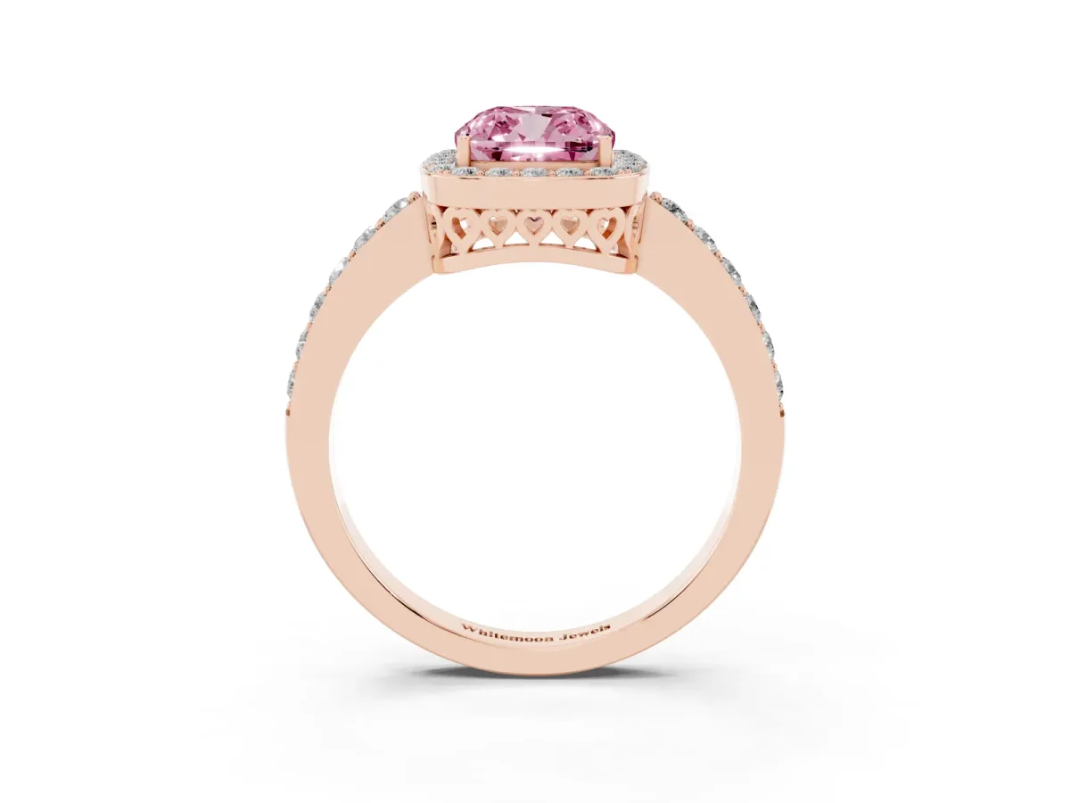 Fancy Pink Cushion Cut Halo Diamond Pavé Band Ring with Prong Setting Rose gold