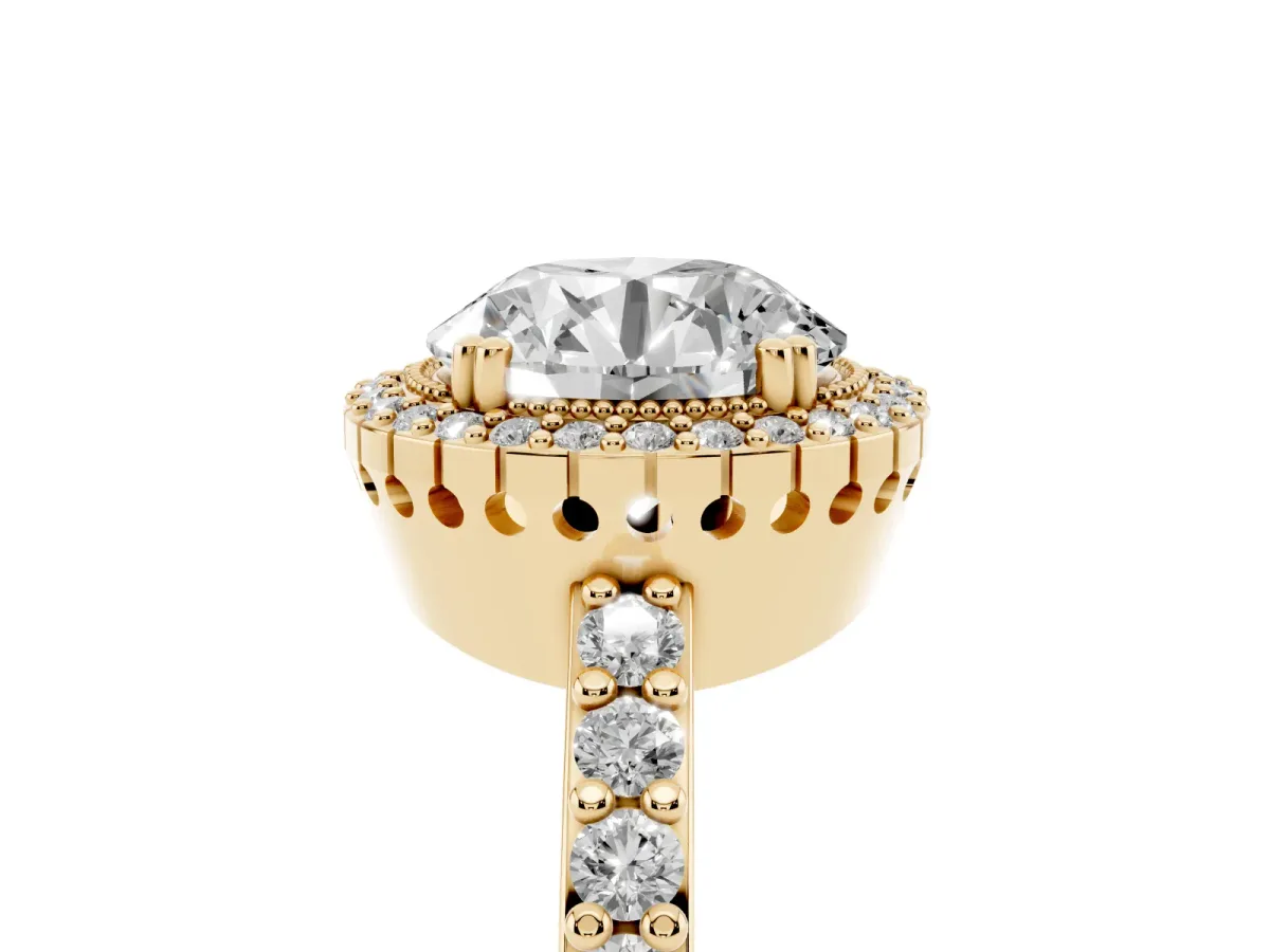 Round Cut Cut Diamond Halo Engagement Ring with Milgrain Detail and Pavé Band Yellow gold