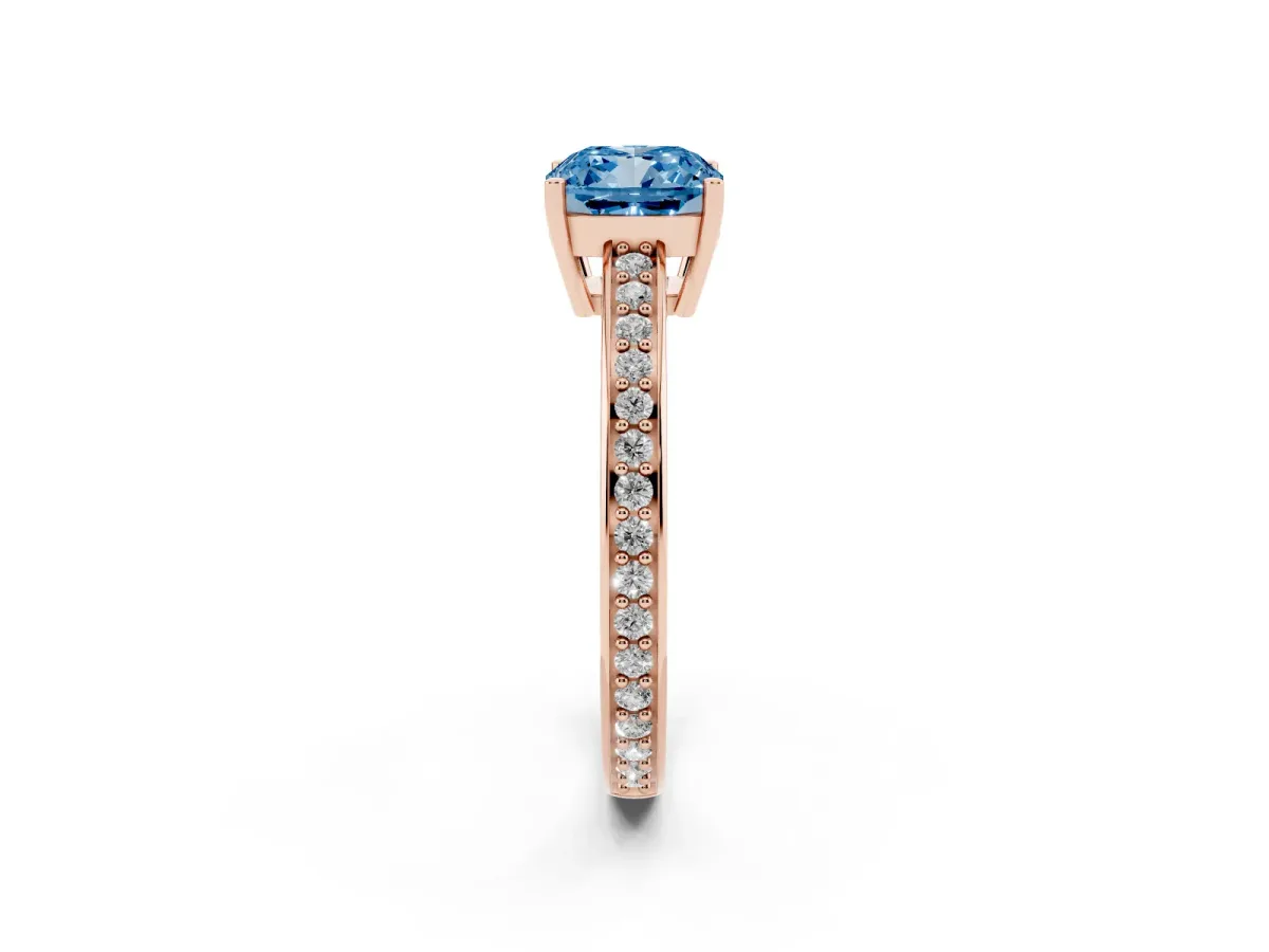 Fancy Blue Cushion Cut Solitaire Pavé Band Prong Setting Ring Rose gold