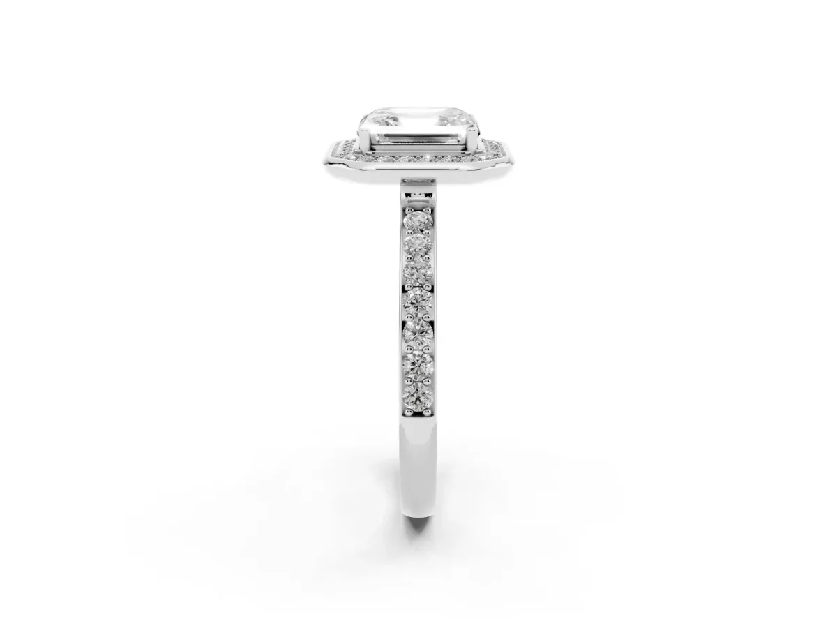 Asscher Cut Diamond Halo Ring with Bezel Frame and Pavé Band Silver