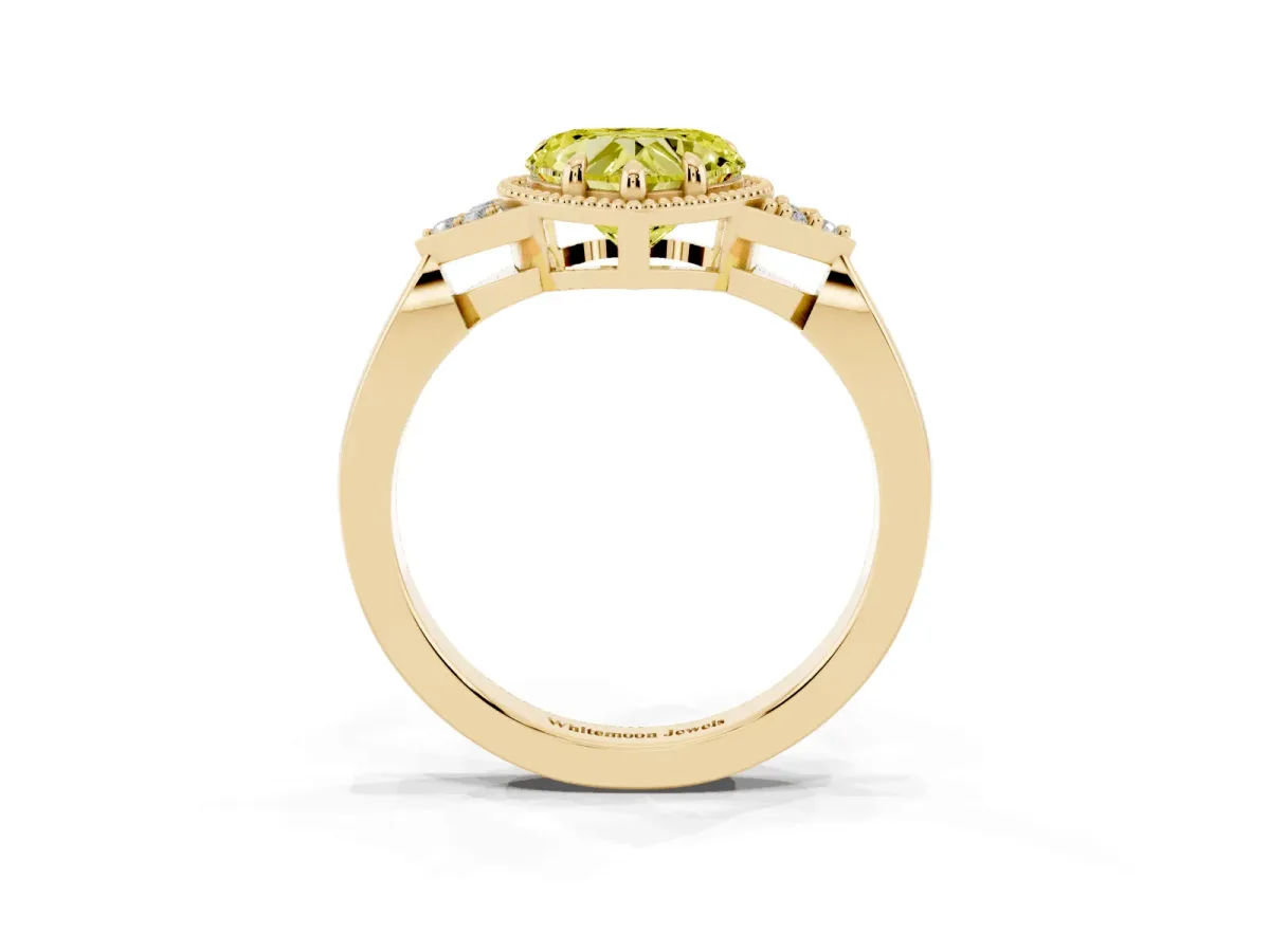 Fancy Yellow Milgrain Heart Cut Cut Diamond Ring with Tapered Pave Band and Four Prong Setting Yellow gold