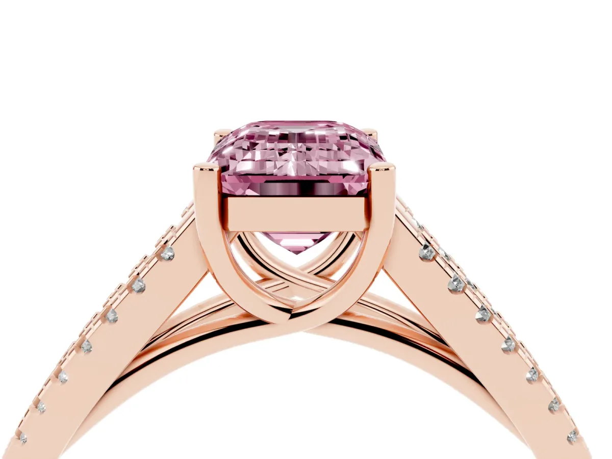 Fancy Pink Emerald Cut Diamond Solitaire Engagement Ring with Split Shank Pavé Band Rose gold