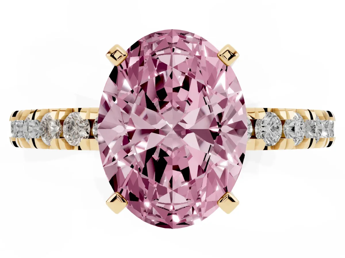 Fancy Pink Oval Cut Diamond Pavé Band Solitaire with Four-Prong Setting Yellow gold