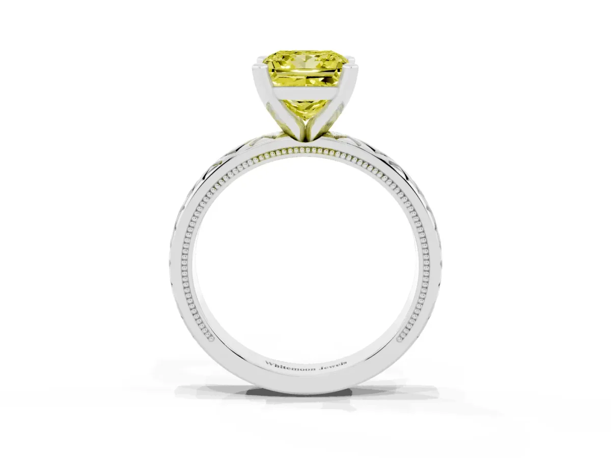 Fancy Yellow Princess Cut Solitaire Diamond Ring with Milgrain and Black Enamel X Pattern Band Silver