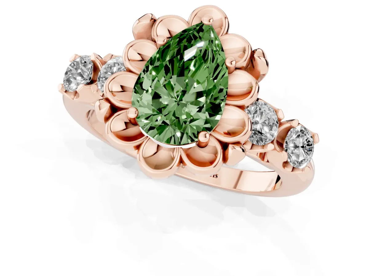Fancy Green Pear Cut Cut Diamond Floral Halo Engagement Ring with Shared Prong Setting Rose gold