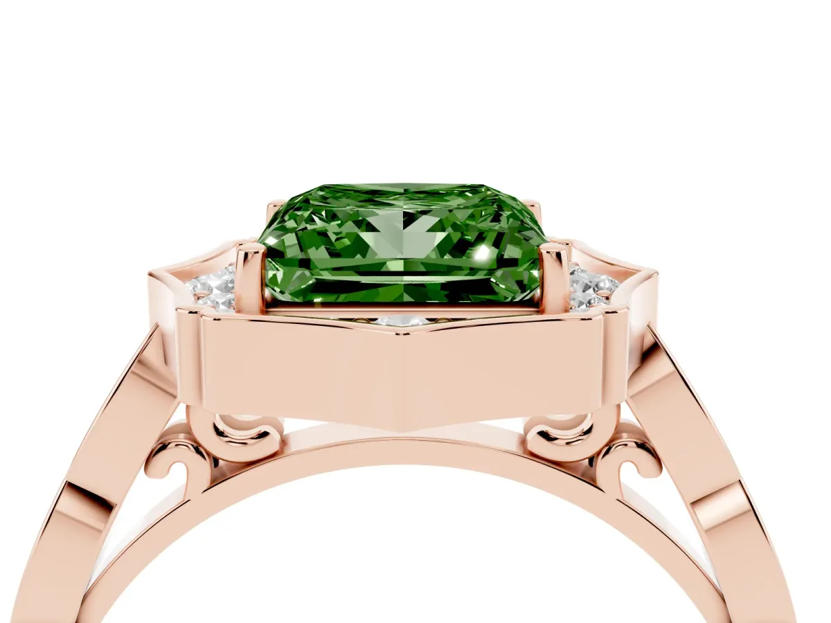 Fancy Green Princess Cut Halo Diamond Engagement Ring with Milgrain Band and Four-Prong Setting Rose gold