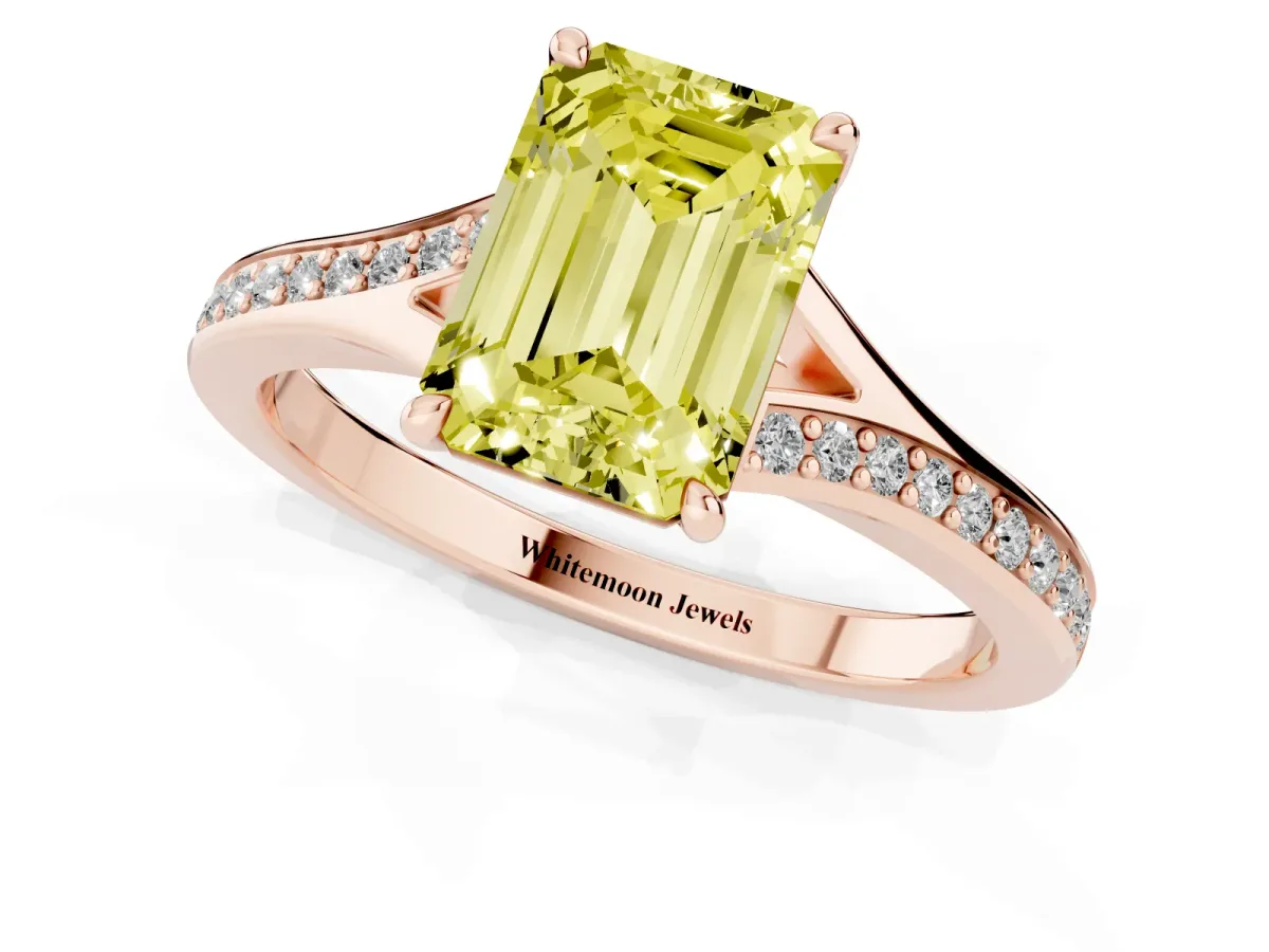 Fancy Yellow Emerald Cut Diamond Solitaire Ring with Pavé Band and Prong Setting Rose gold
