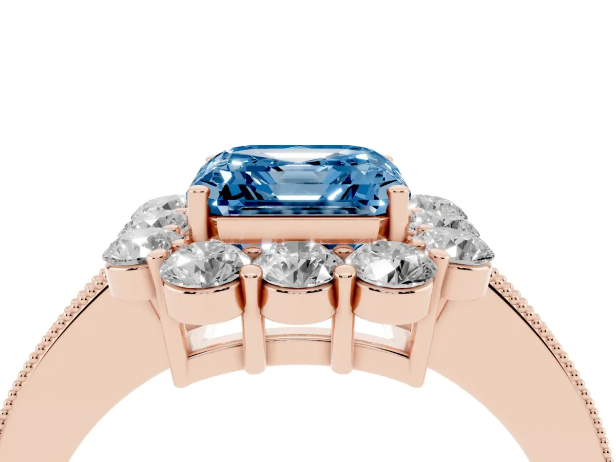 Fancy Blue Asscher Cut Cut Halo Diamond Pavé Engagement Ring with Milgrain Detailing Rose gold