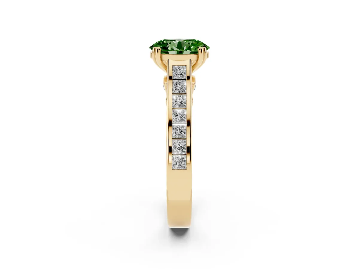 Fancy Green Oval Cut Cut Channel Set Solitaire Engagement Ring with Prong Setting Yellow gold