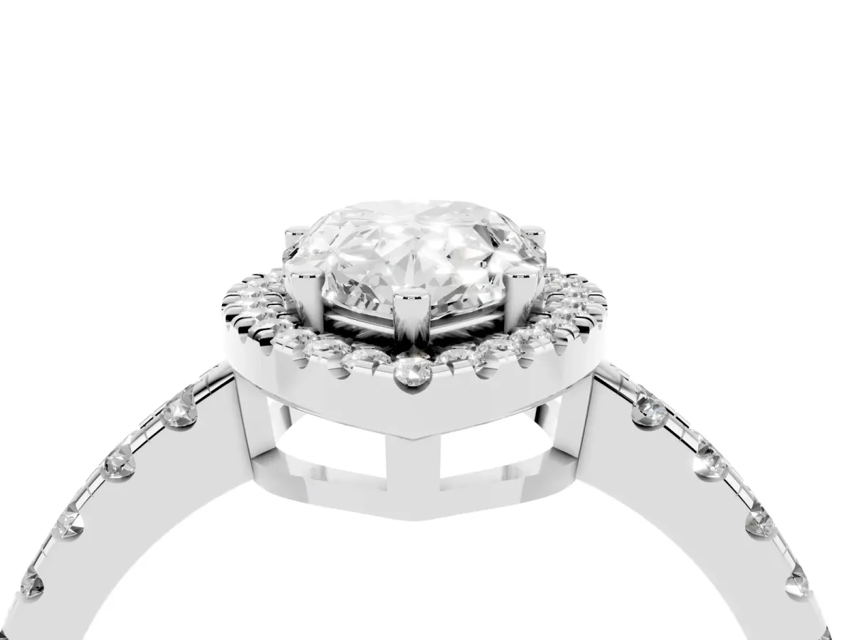 Pear Cut Diamond Halo Ring with Pavé Band and Four-Prong Setting Silver