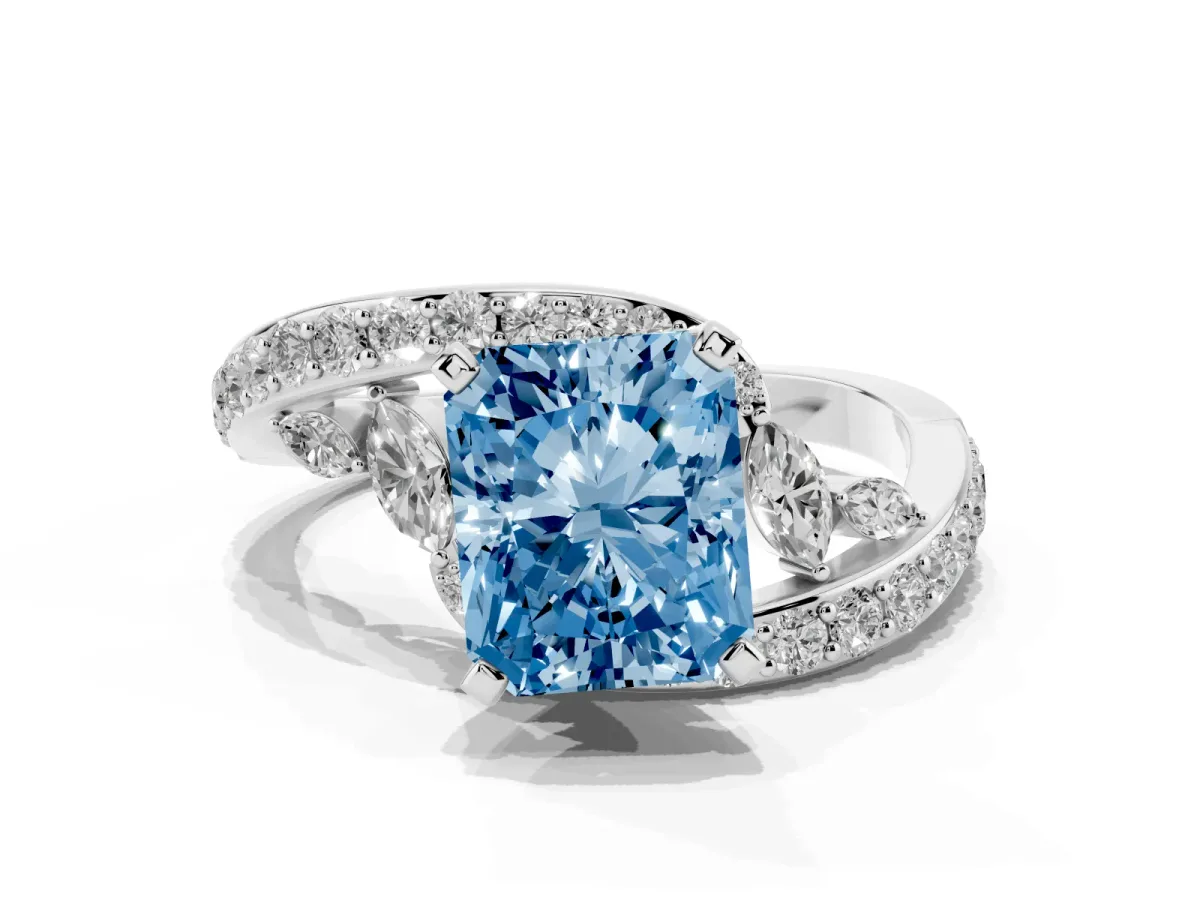 Fancy Blue Radiant Cut Solitaire with Pavé Twist Band and Four-Prong Setting Silver