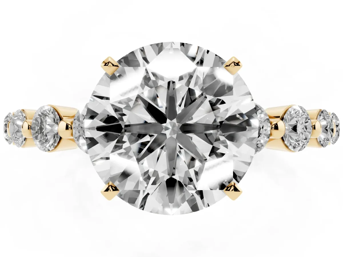 Round Cut Solitaire Diamond Ring with Pave Band and Four-Prong Setting Yellow gold