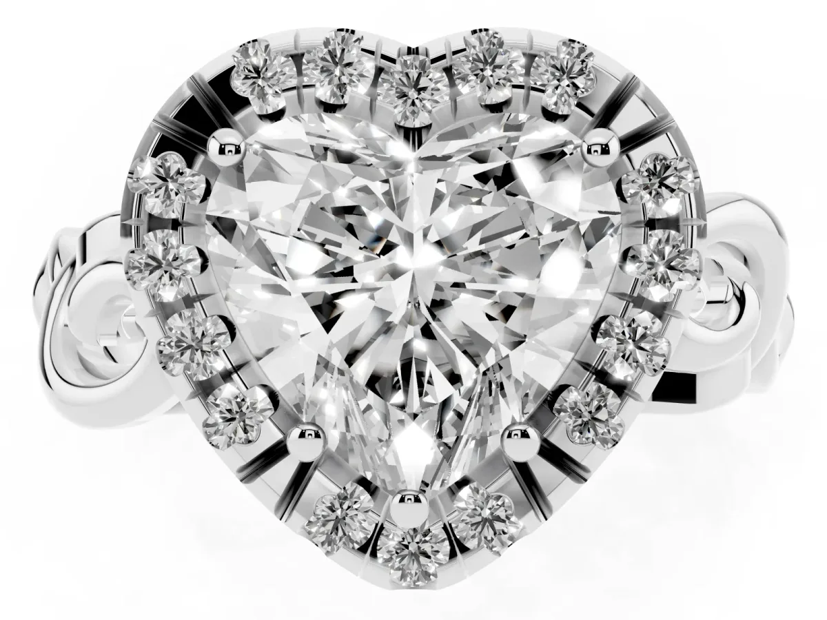 Heart Cut Cut Halo Diamond Ring with Scrollwork Band and Four-Prong Setting Platinum