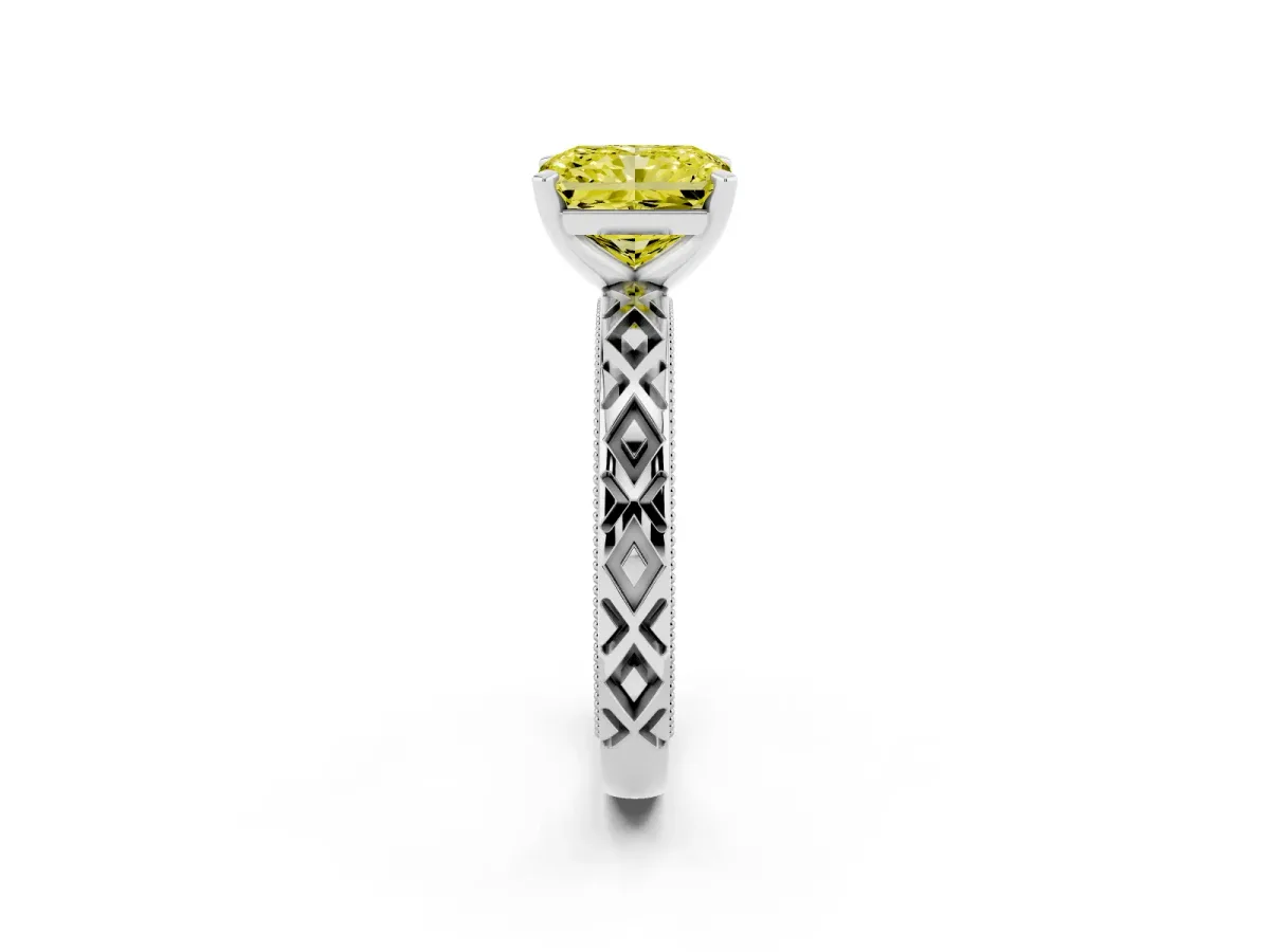 Fancy Yellow Radiant Cut Solitaire Diamond Ring with Milgrain and Black Enamel X Pattern Band White gold