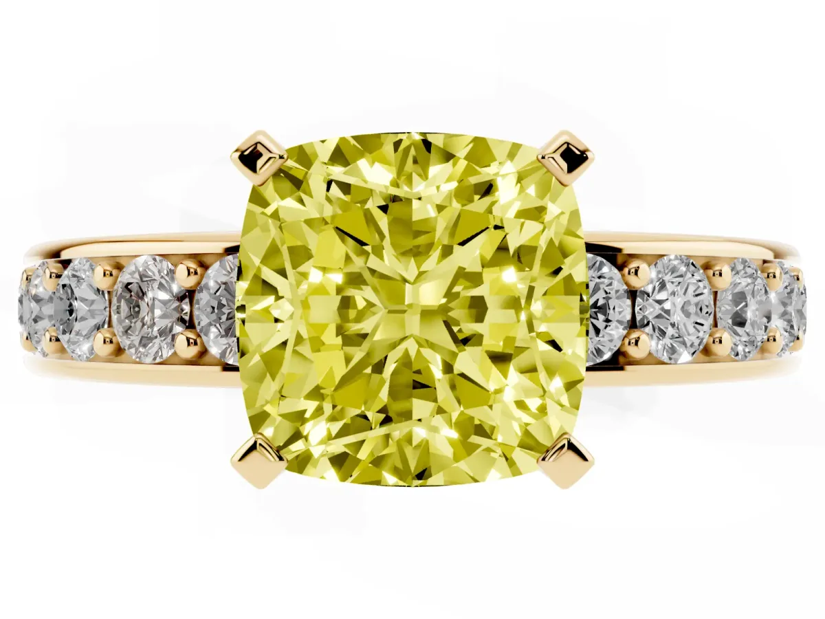Fancy Yellow Cushion Cut Diamond Engagement Ring with Channel Set Round Band and Prong Setting Yellow gold