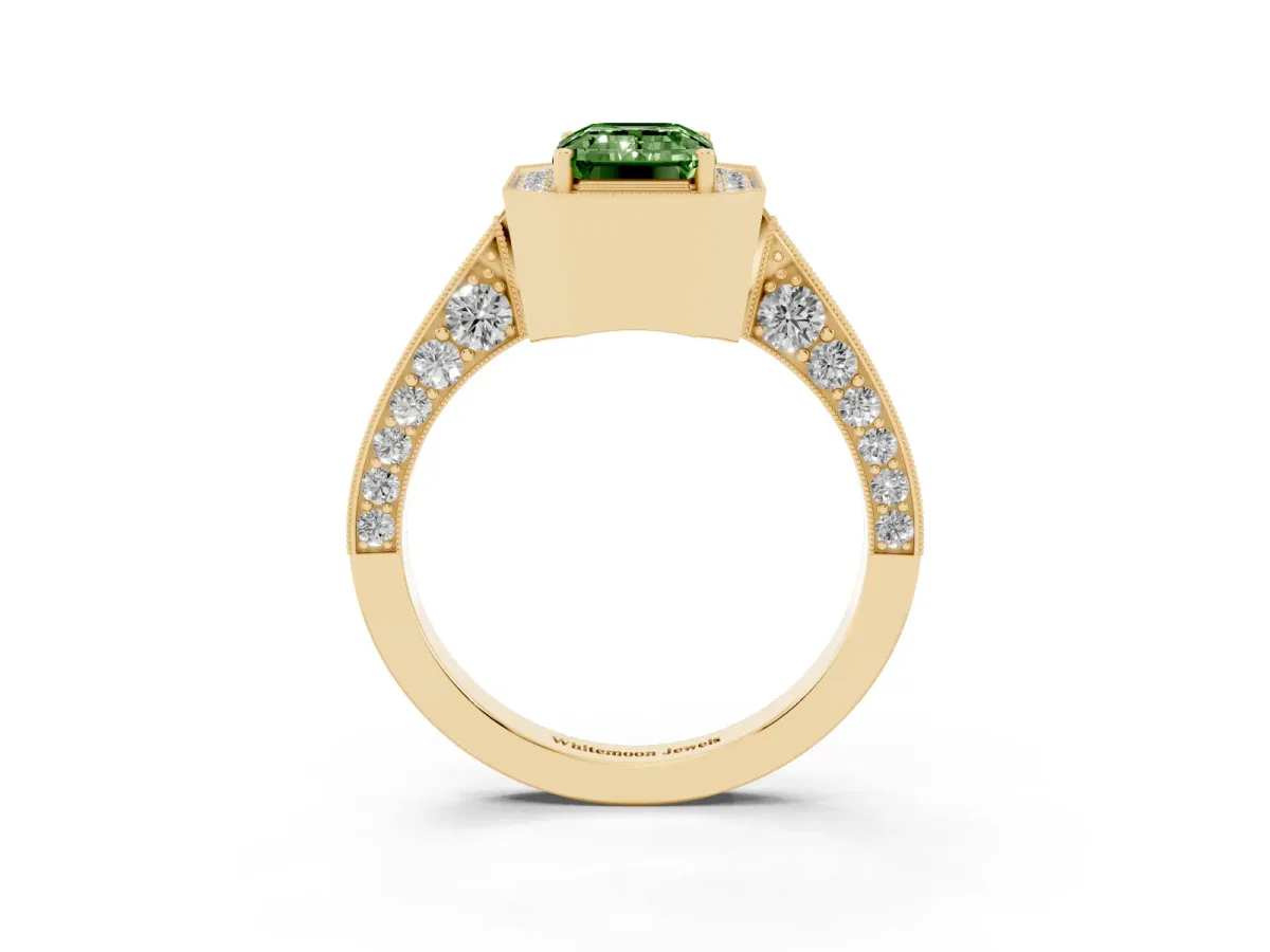 Fancy Green Emerald Cut Halo Diamond Engagement Ring with Split Shank Band and Four-Prong Setting Yellow gold