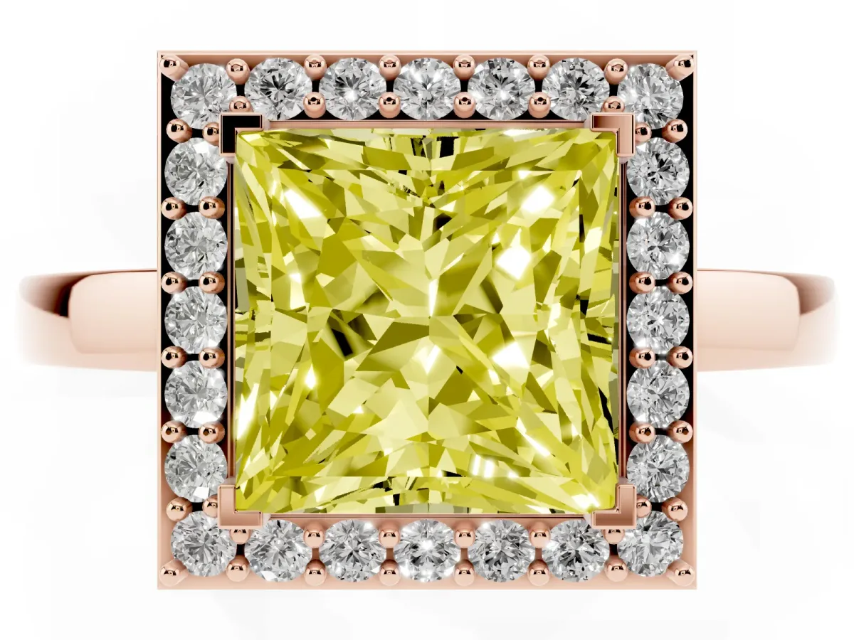 Fancy Yellow Princess Cut Halo Diamond Ring with Solitaire Band and Prong Setting Rose gold