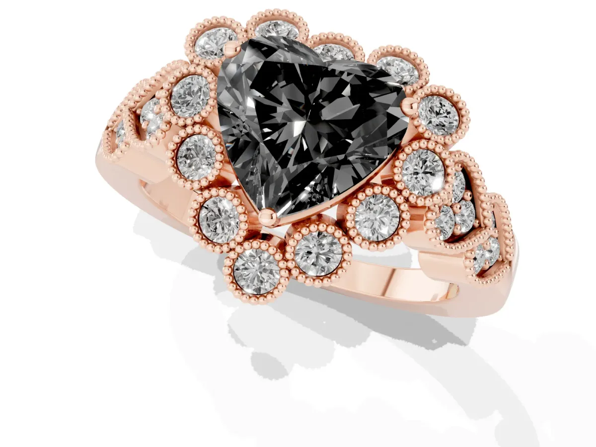 Fancy Black Heart Cut Brilliant Milgrain Pave Heart Band Solitaire Ring Rose gold