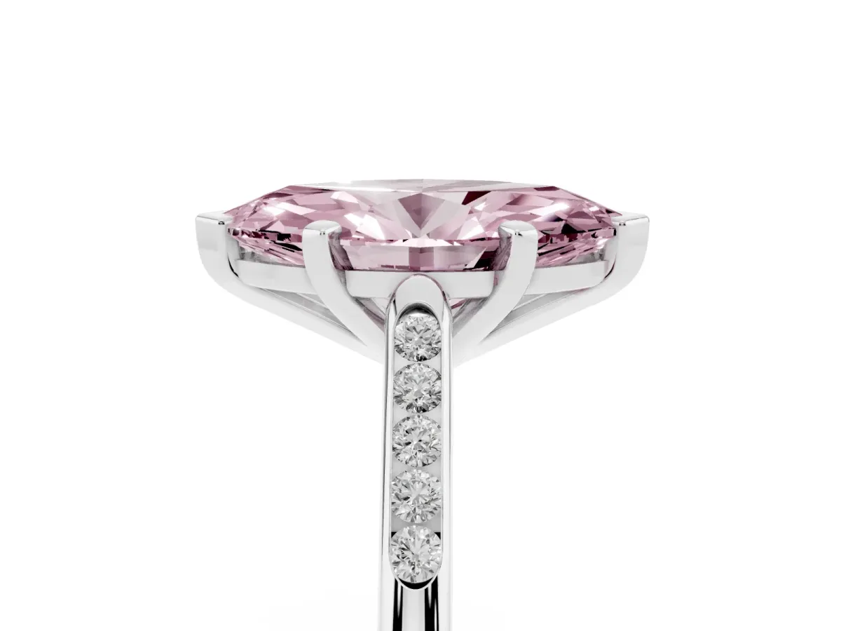 Fancy Pink Marquise Cut Diamond Solitaire Ring with Channel Set Round Band and Prong Setting Silver
