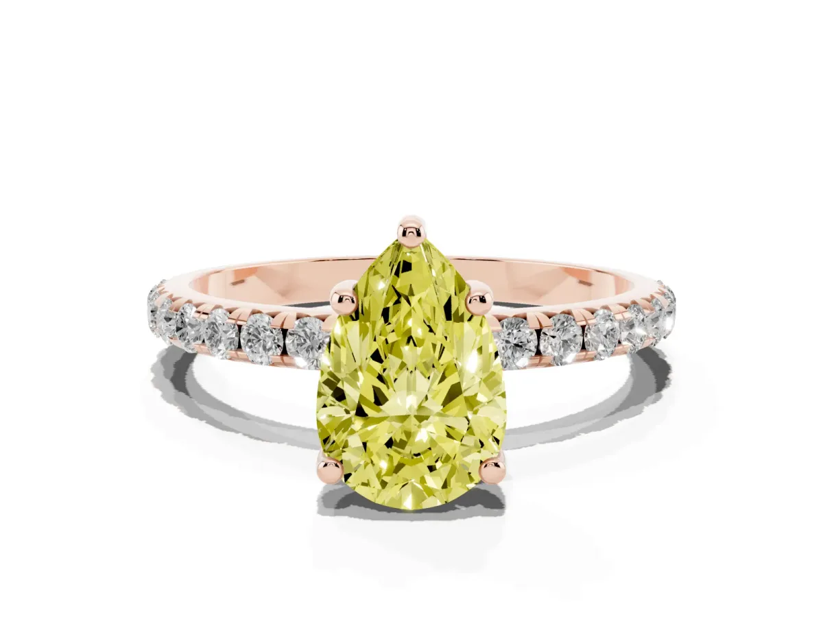 Fancy Yellow Pear Cut Cut Diamond Solitaire Ring with Micro Pave Band and Four Prong Setting Rose gold