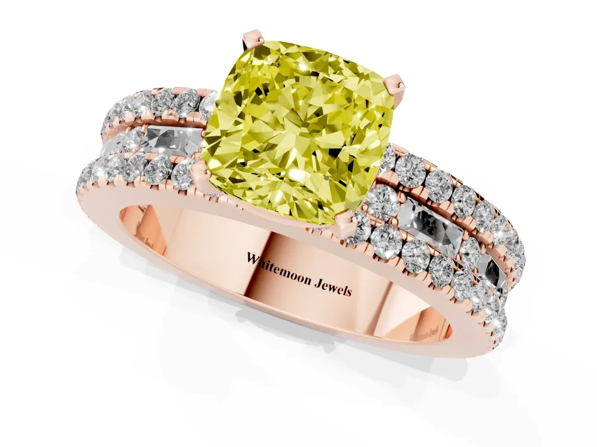 Fancy Yellow Cushion Cut Diamond Solitaire Ring with Pavé and Channel Set Band Rose gold