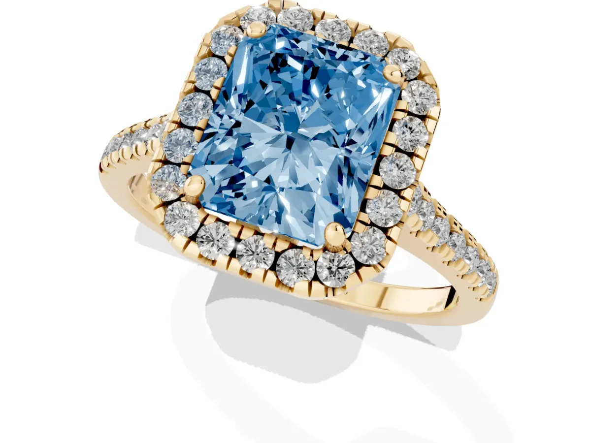 Fancy Blue Radiant Cut Diamond Cushion Halo Ring with Pavé Band Yellow gold