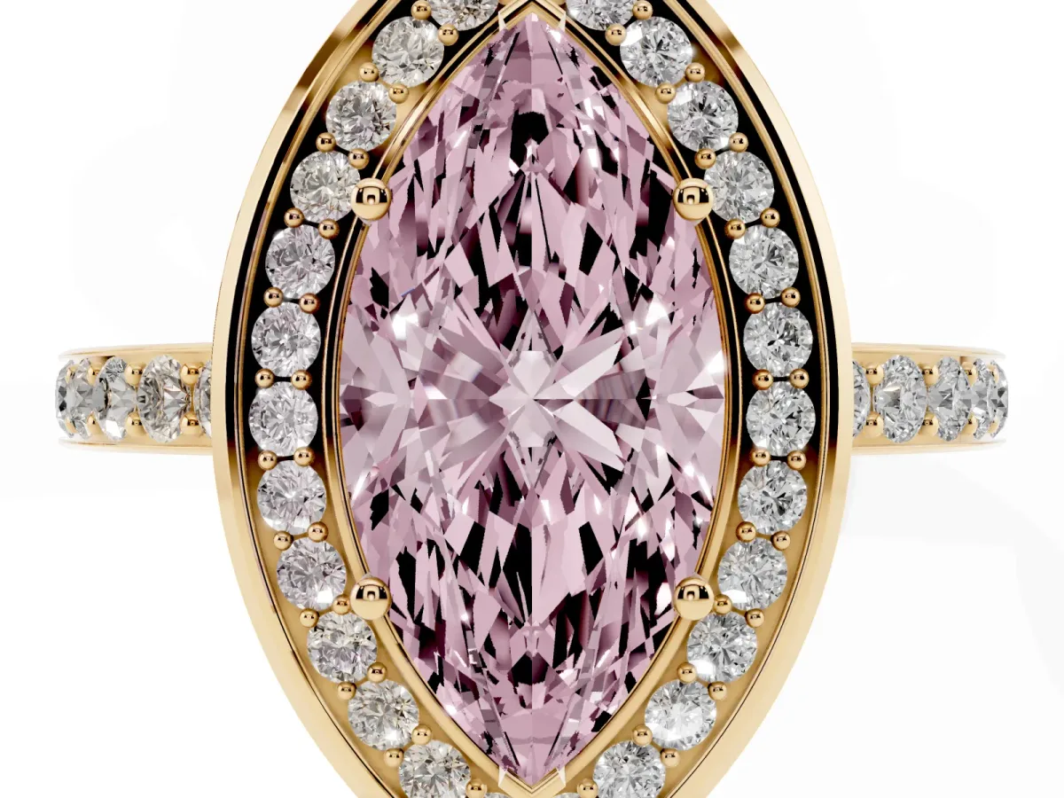 Fancy Pink Marquise Cut Diamond Halo Ring with Bezel Frame and Pavé Band Yellow gold