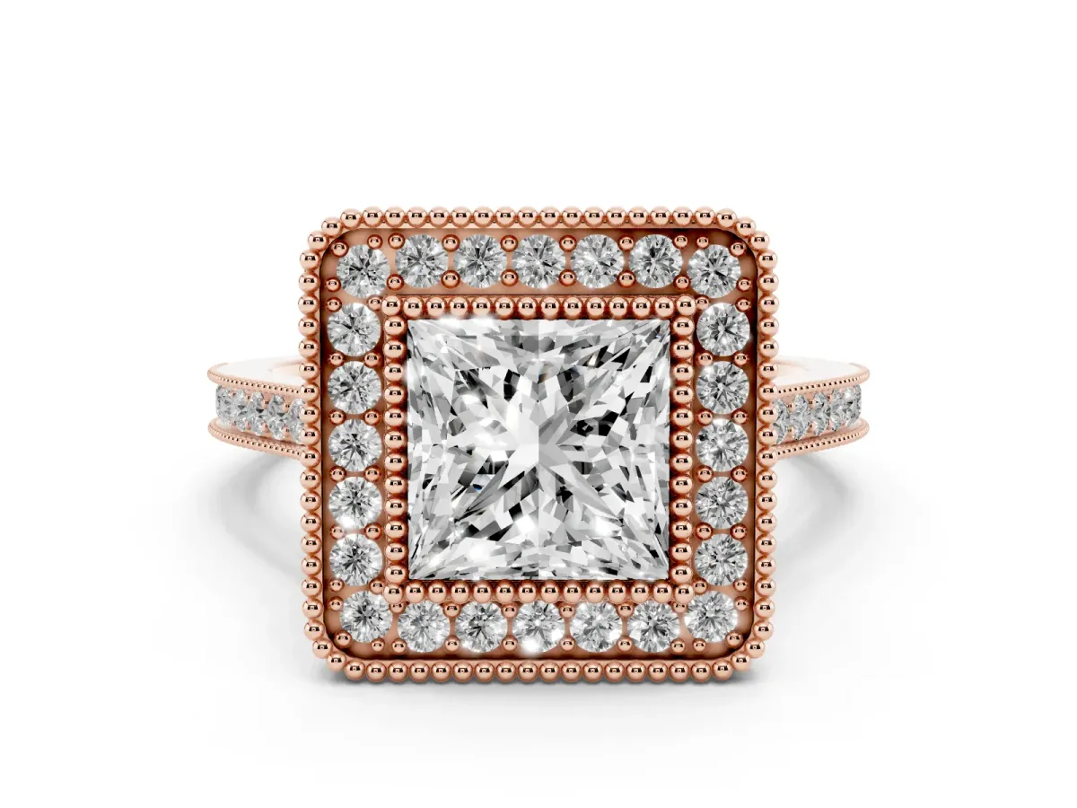 Princess Cut Diamond Halo Ring with Milgrain Frame and Pavé Band Rose gold