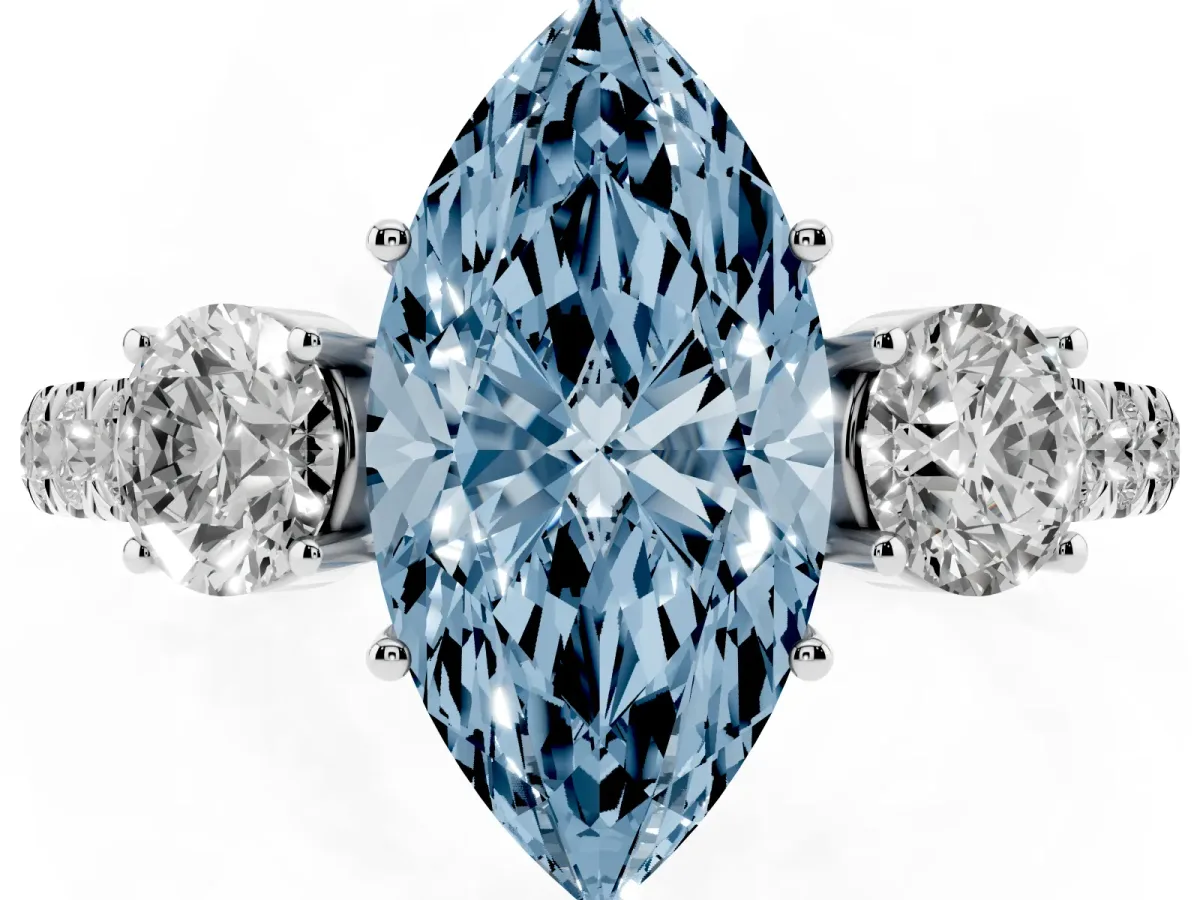 Fancy Blue Marquise Cut Cut Diamond Three-Stone Ring with Round Side Stones and Pavé Band Silver