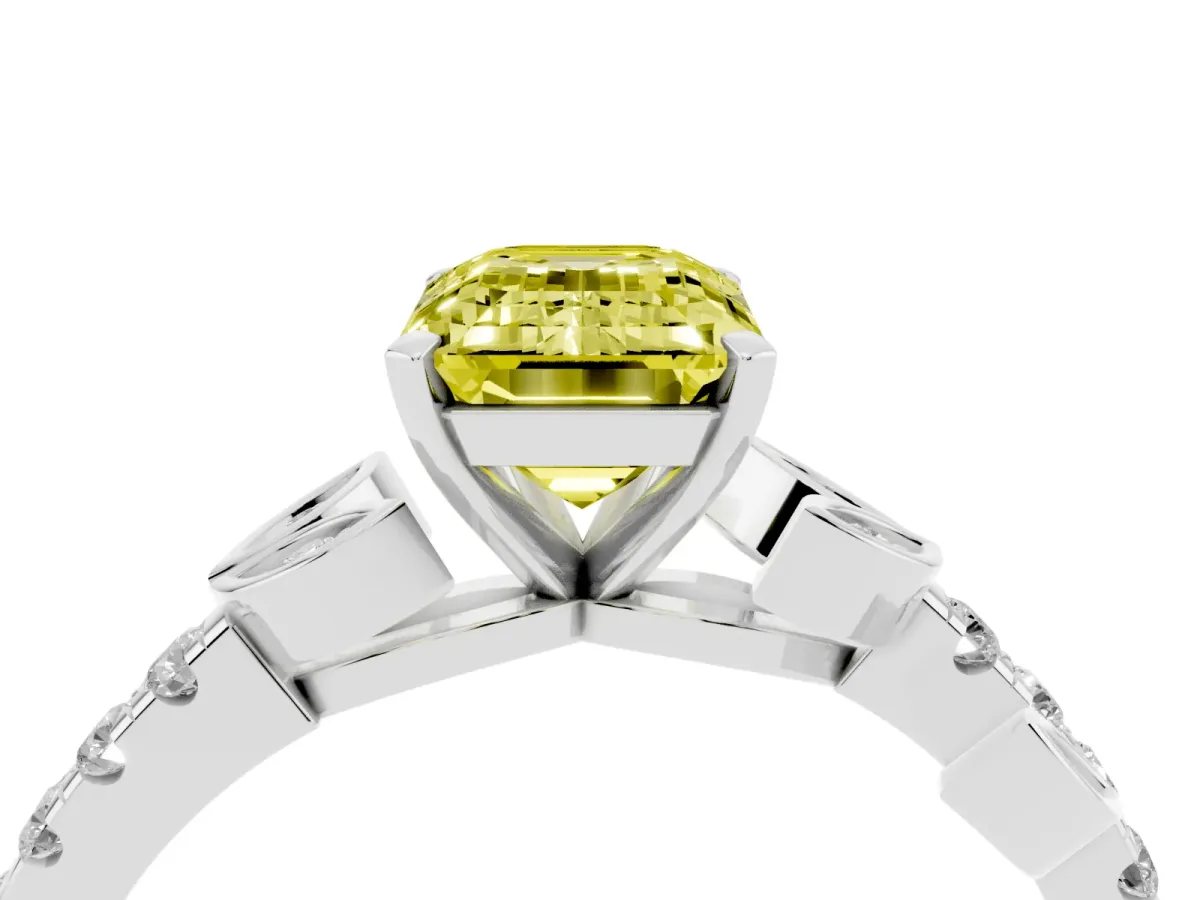 Fancy Yellow Emerald Cut Solitaire Leaf-Inspired Diamond Ring with Pavé Band and Four-Prong Setting Silver