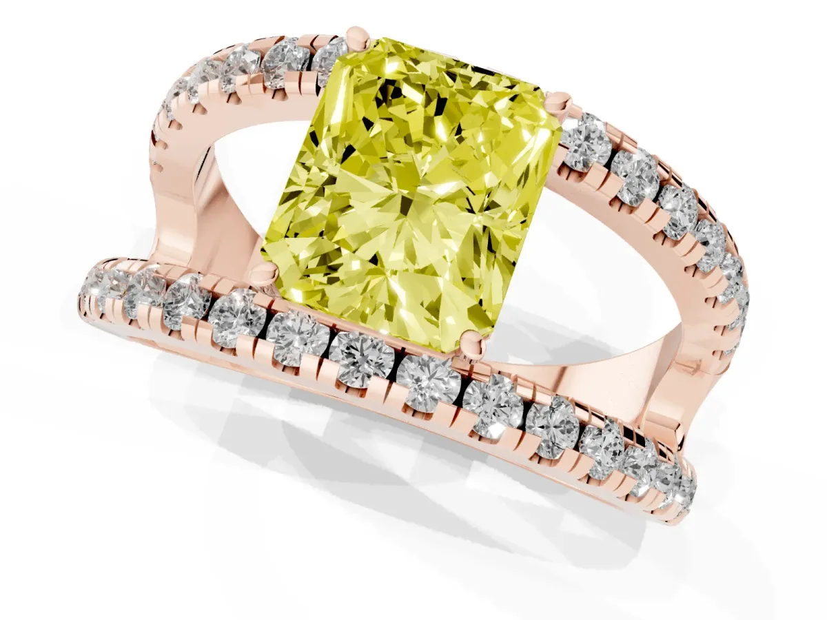 Fancy Yellow Radiant Cut Solitaire Split Shank Pave Diamond Ring Rose gold
