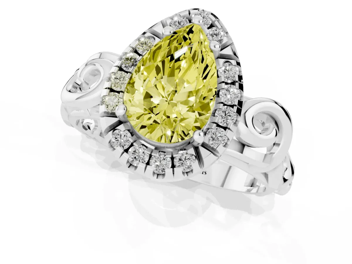 Fancy Yellow Pear Cut Cut Halo Diamond Ring with Scrollwork Band and Four-Prong Setting Silver