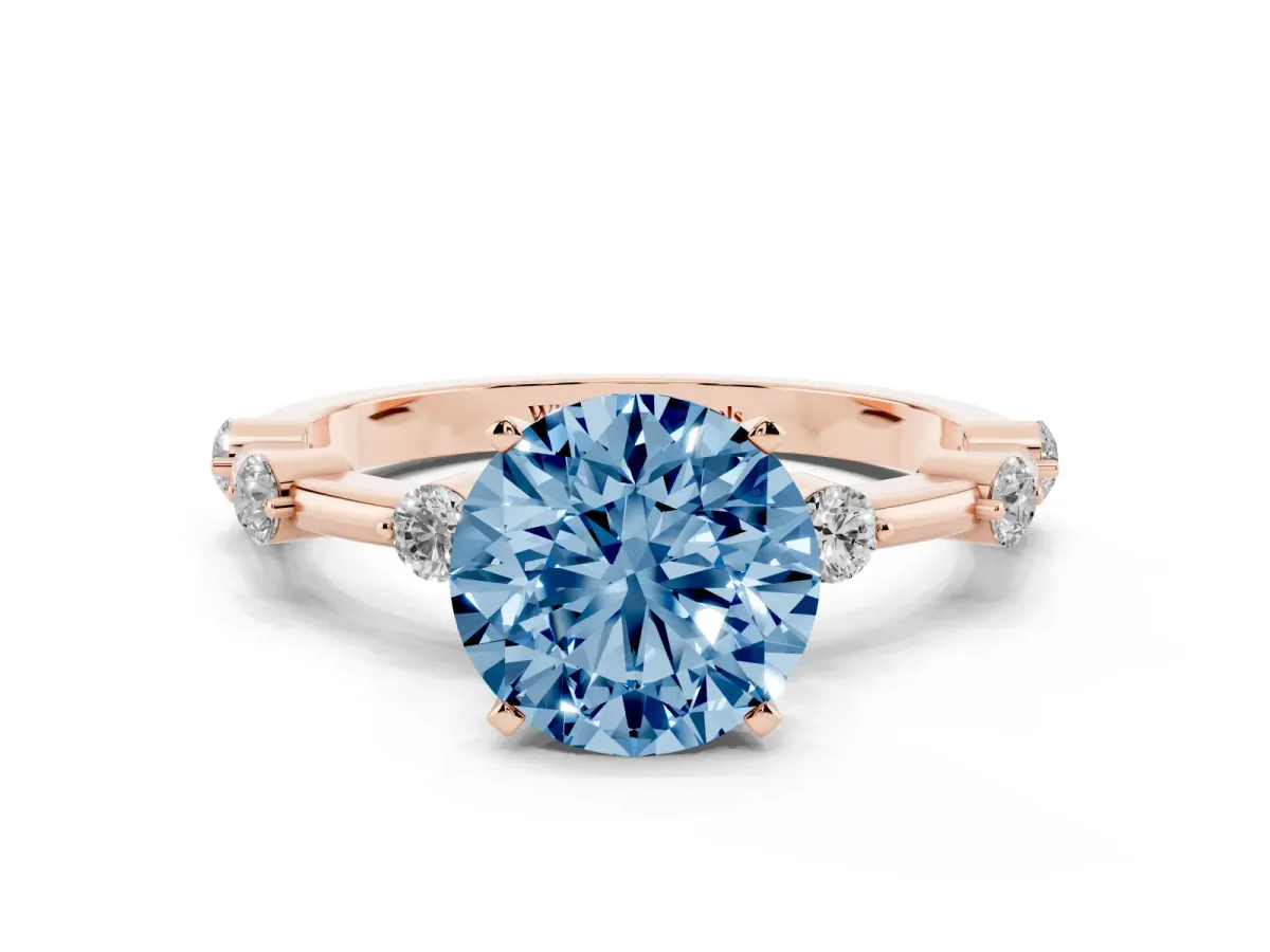 Fancy Blue Round Cut Solitaire Diamond Ring with Bezel Set Side Stones and Prong Setting Rose gold