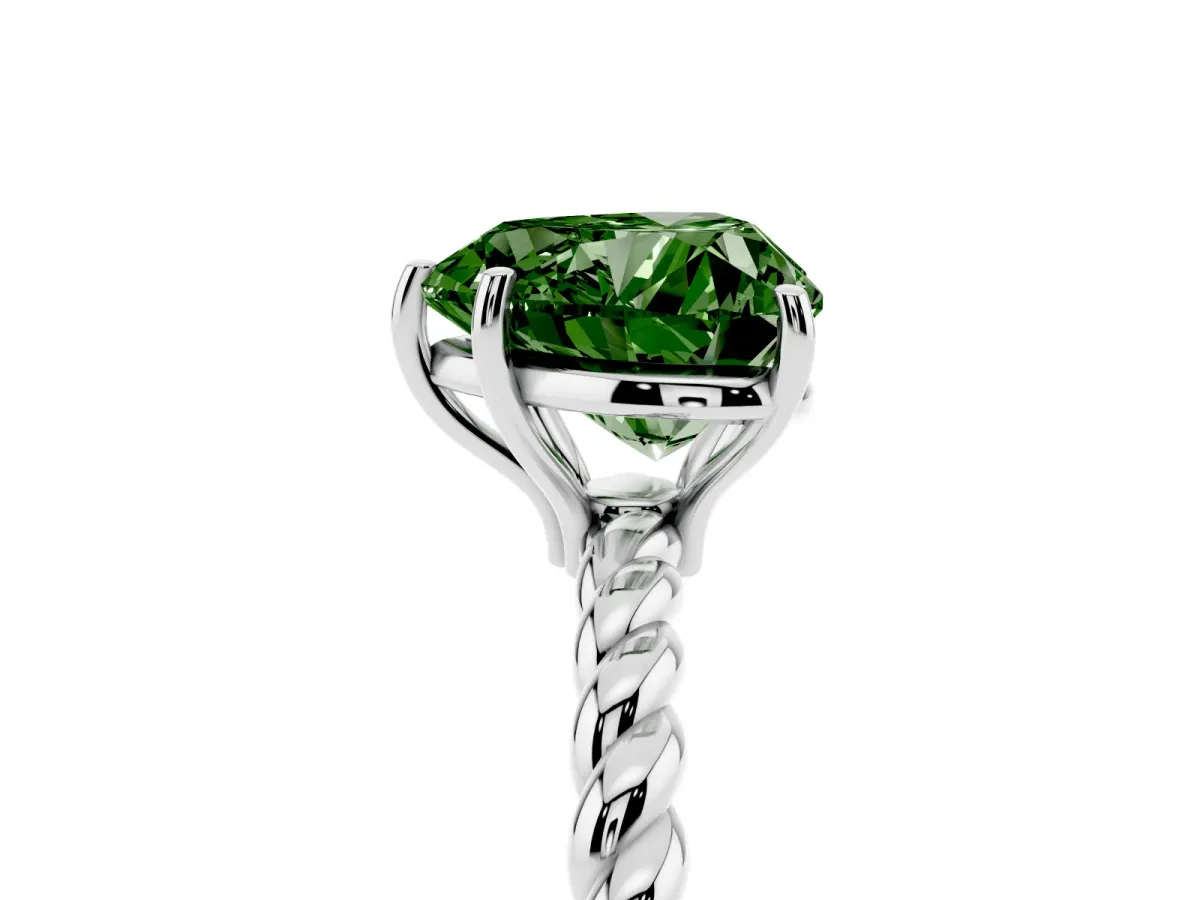 Fancy Green Heart Cut Solitaire Twist Band Ring with Four-Prong Setting Silver