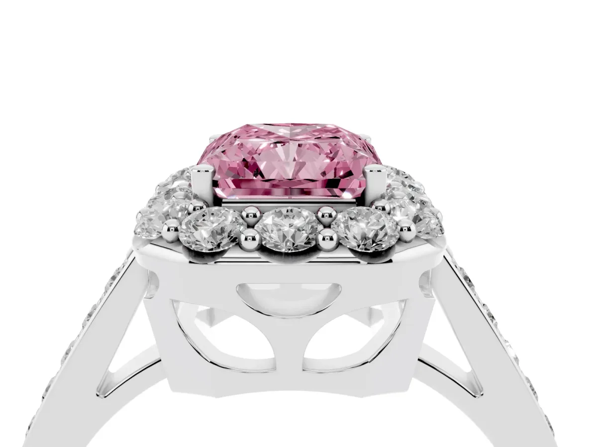 Fancy Pink Radiant Cut Diamond Floral Halo Ring with Pavé Band and Prong Setting Platinum
