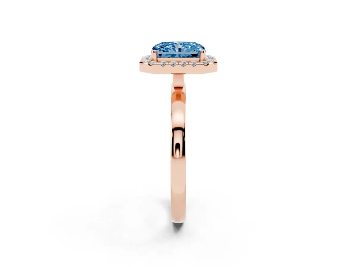 Fancy Blue Radiant Cut Halo Diamond Solitaire with Pavé Band and Four-Prong Setting Rose gold