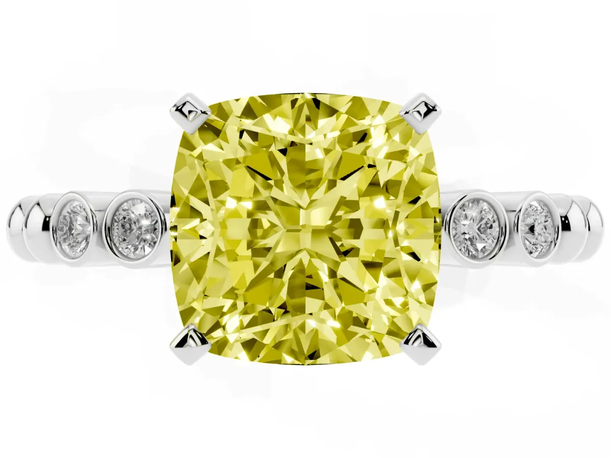 Fancy Yellow Cushion Cut Solitaire Bezel Accent Diamond Engagement Ring with Beaded Band and Four-Prong Setting Silver