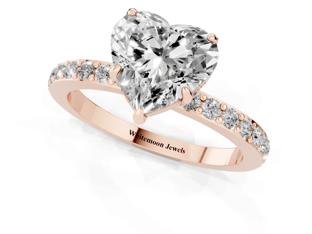 Heart Cut Diamond Pavé Engagement Ring with Round Accents and Prong Setting Rose gold