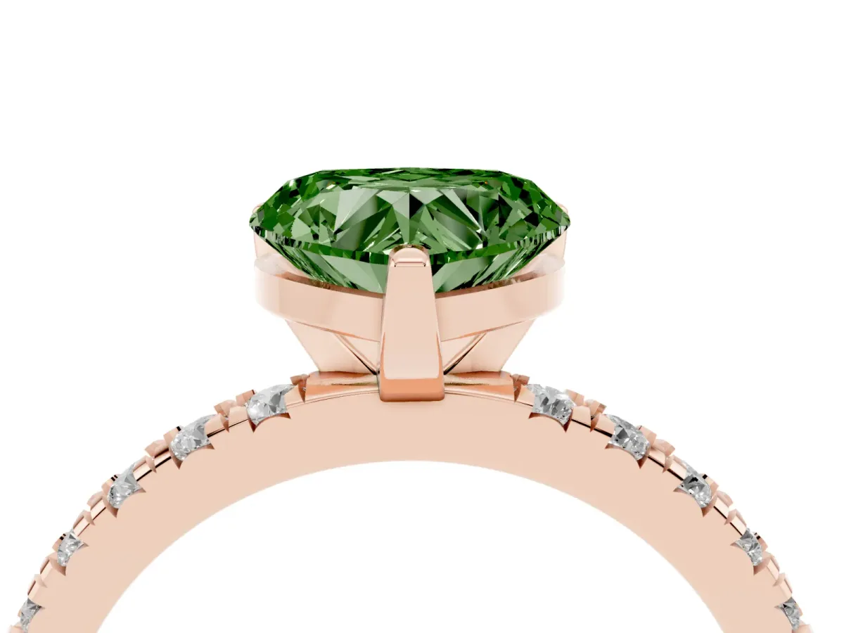 Fancy Green Heart Cut Diamond Pavé Band Solitaire with Four-Prong Setting Rose gold