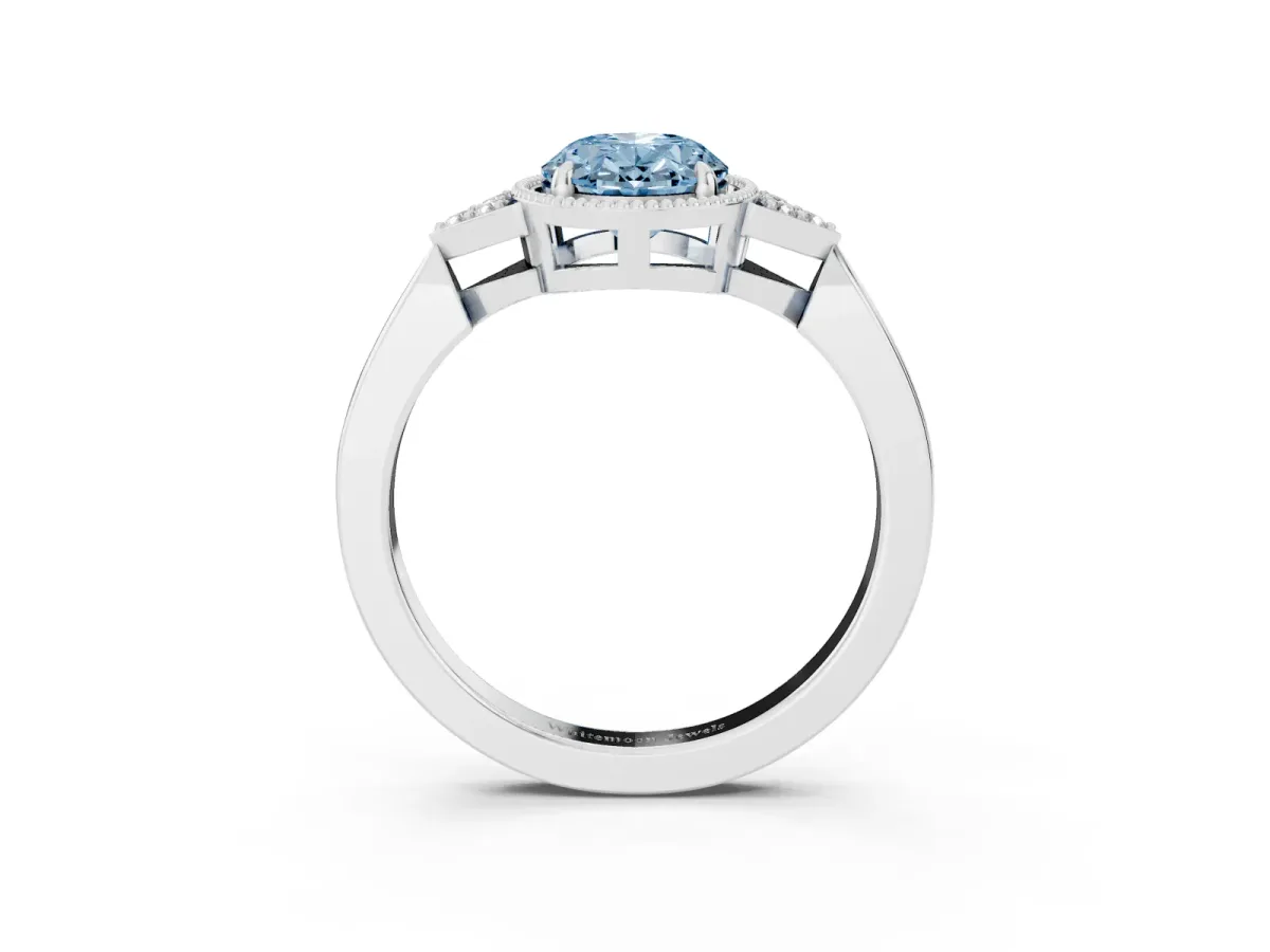 Fancy Blue Oval Cut Diamond Halo Ring with Tapered Band and Four-Prong Setting Platinum