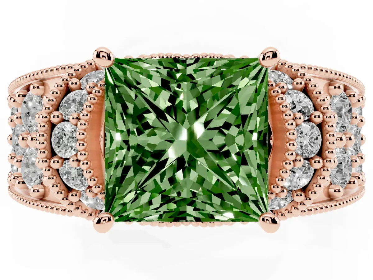 Fancy Green Princess Cut Halo Pave Diamond Engagement Ring with Milgrain Detailing Rose gold