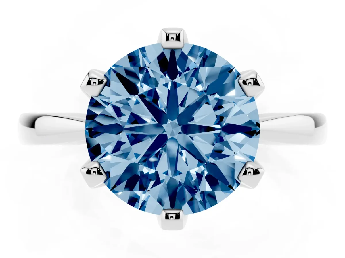 Fancy Blue Round Cut Solitaire Engagement Ring with Six-Prong Setting and Tapered Band White gold