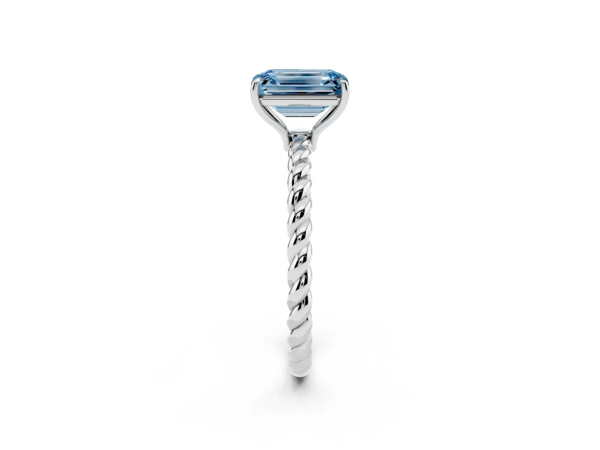 Fancy Blue Emerald Cut Solitaire Twist Band Ring with Four-Prong Setting Platinum