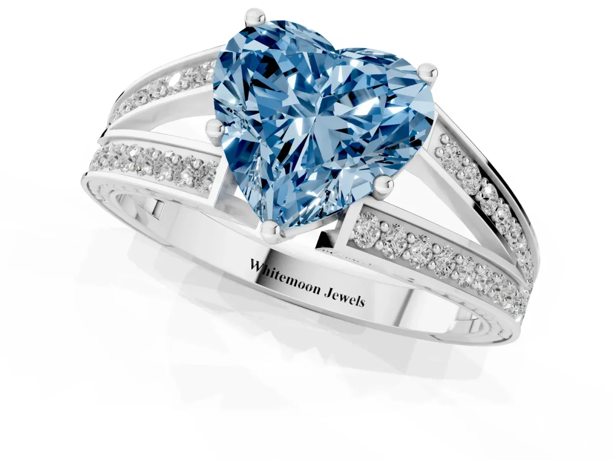 Fancy Blue Heart Cut Diamond Split Shank Ring with Pavé Band and Four-Prong Setting Platinum